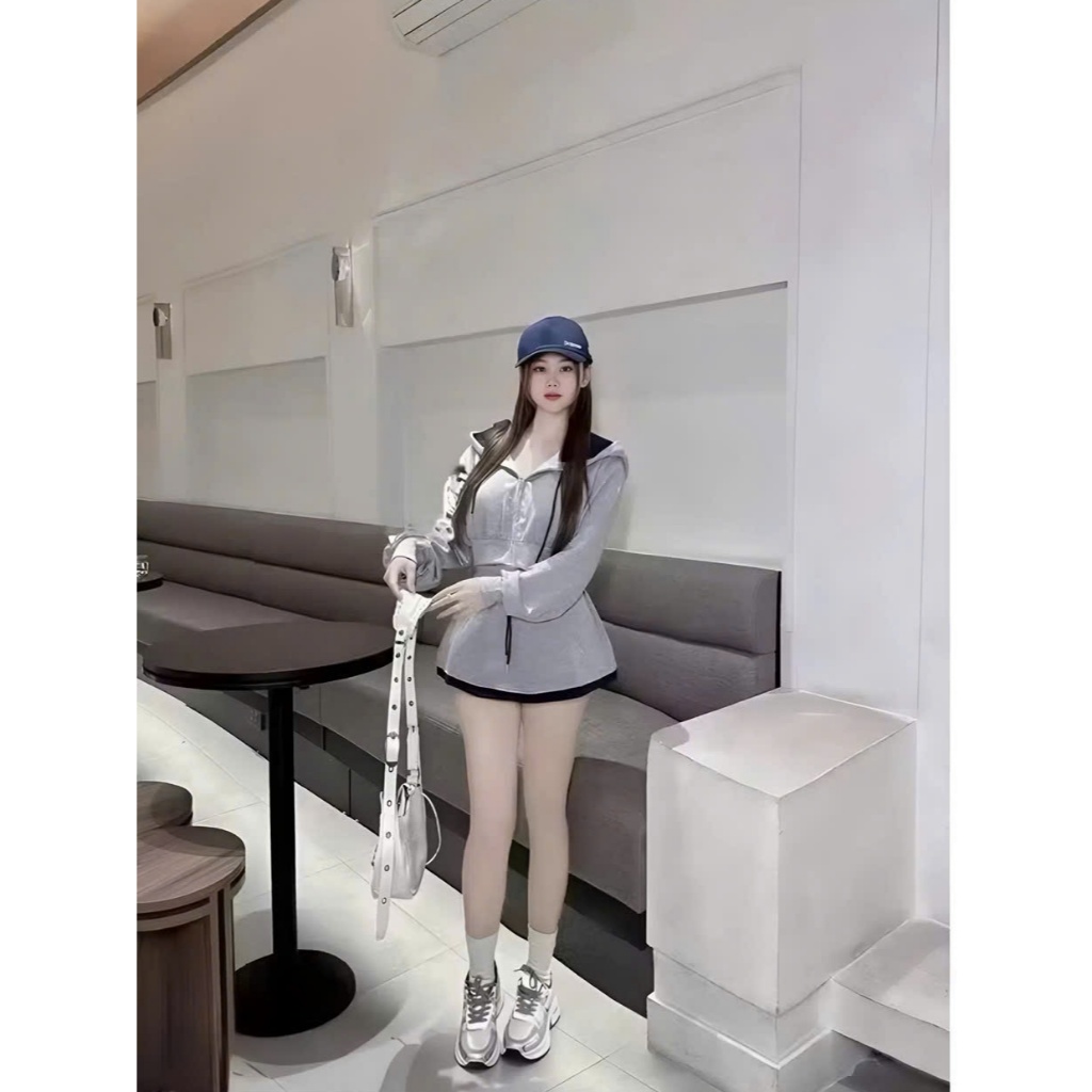 Sét bộ nĩ hoodie croptop phối viền kèm chân váy_dáng thể thao đi chơi dạo phố chất liệu da cá thoải mái và mát mẻ
