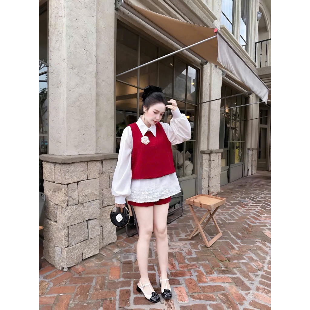 Sét đồ nữ thu đông 3 món áo sơ mi bèo lai kèm áo gile đính hoa trà mix quần short thời trang nữ