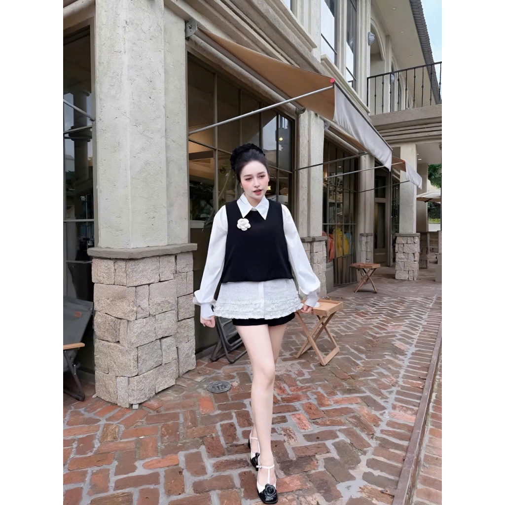 Sét đồ nữ thu đông 3 món áo sơ mi bèo lai kèm áo gile đính hoa trà mix quần short thời trang nữ