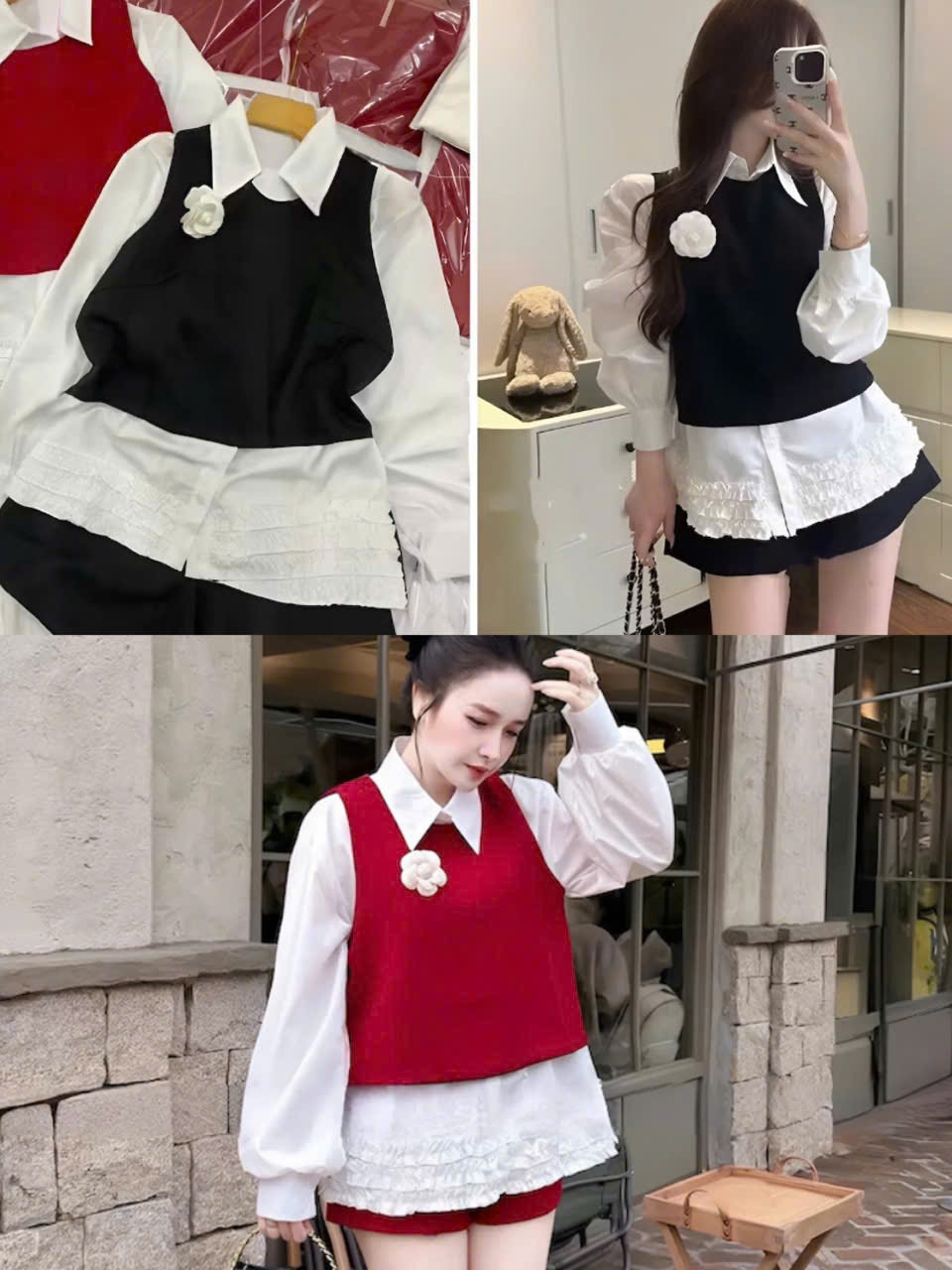 Sét đồ nữ thu đông 3 món áo sơ mi bèo lai kèm áo gile đính hoa trà mix quần short thời trang nữ