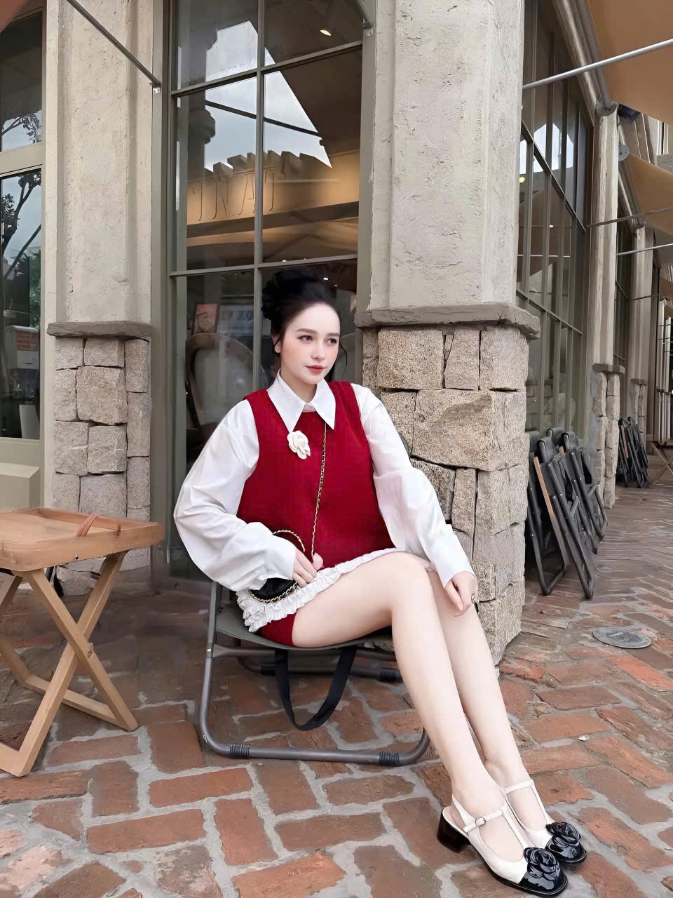 Sét đồ nữ thu đông 3 món áo sơ mi bèo lai kèm áo gile đính hoa trà mix quần short thời trang nữ