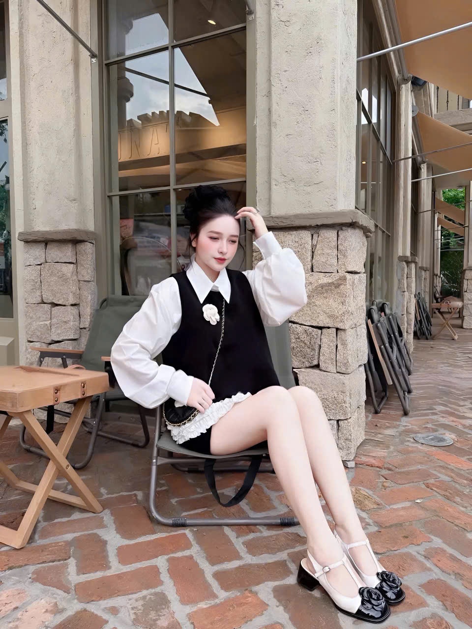 Sét đồ nữ thu đông 3 món áo sơ mi bèo lai kèm áo gile đính hoa trà mix quần short thời trang nữ