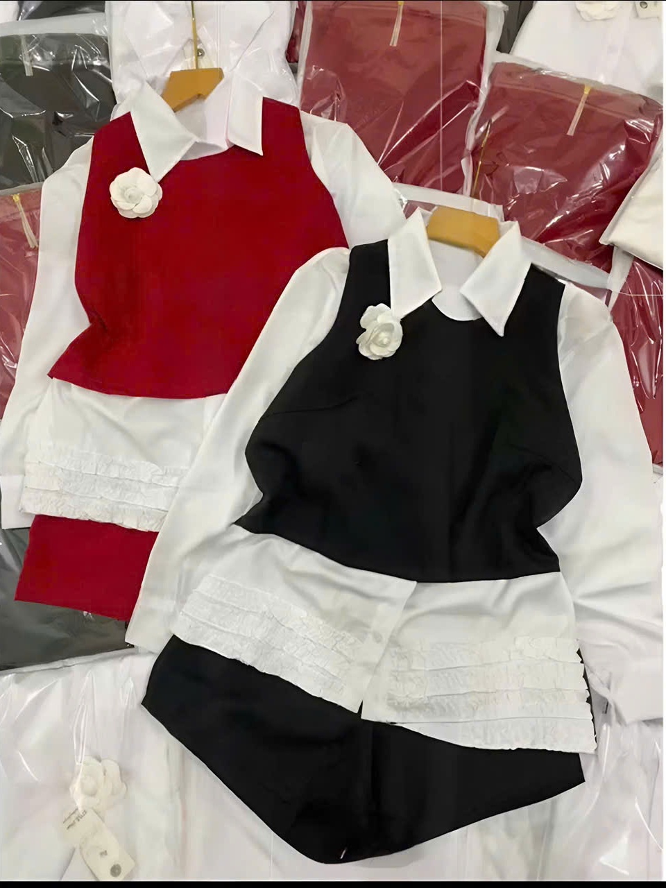 Sét đồ nữ thu đông 3 món áo sơ mi bèo lai kèm áo gile đính hoa trà mix quần short thời trang nữ