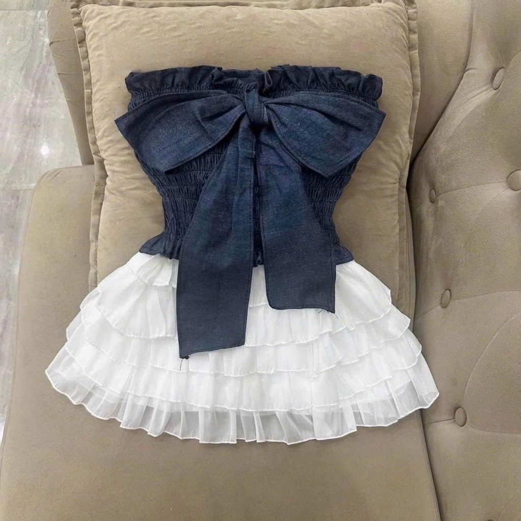 Kem Women Sét Đồ Nữ Váy Tầng Áo Cúp Kèm Nơ Lớn Xinh Xỉu Thiết Kế Nữ Tính Mút Tạo Độ Đầy Đặn Thân Sau Chạy Chỉ Thun Thoải