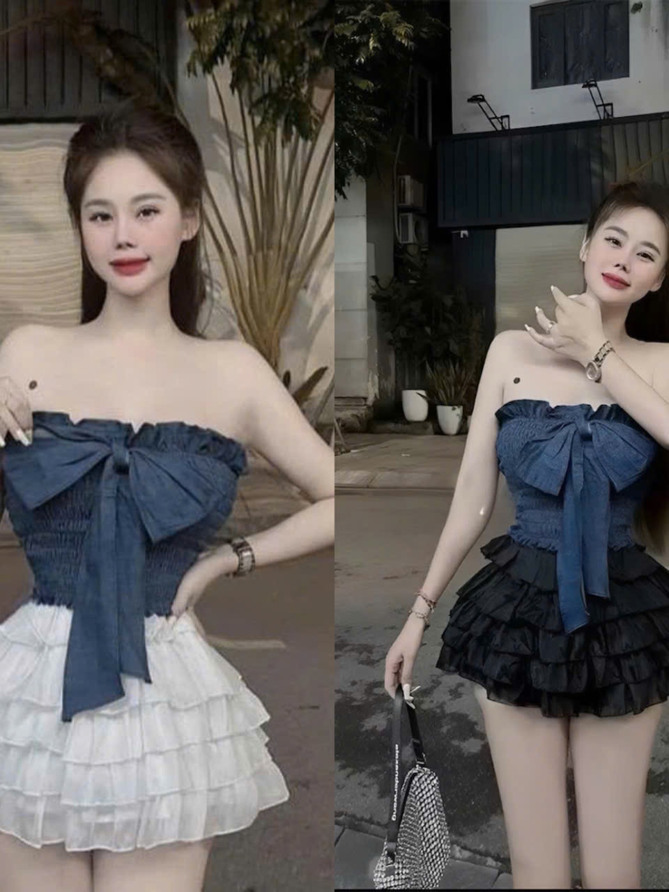 Kem Women Sét Đồ Nữ Váy Tầng Áo Cúp Kèm Nơ Lớn Xinh Xỉu Thiết Kế Nữ Tính Mút Tạo Độ Đầy Đặn Thân Sau Chạy Chỉ Thun Thoải