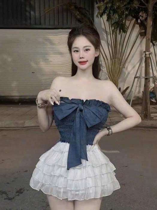 Kem Women Sét Đồ Nữ Váy Tầng Áo Cúp Kèm Nơ Lớn Xinh Xỉu Thiết Kế Nữ Tính Mút Tạo Độ Đầy Đặn Thân Sau Chạy Chỉ Thun Thoải