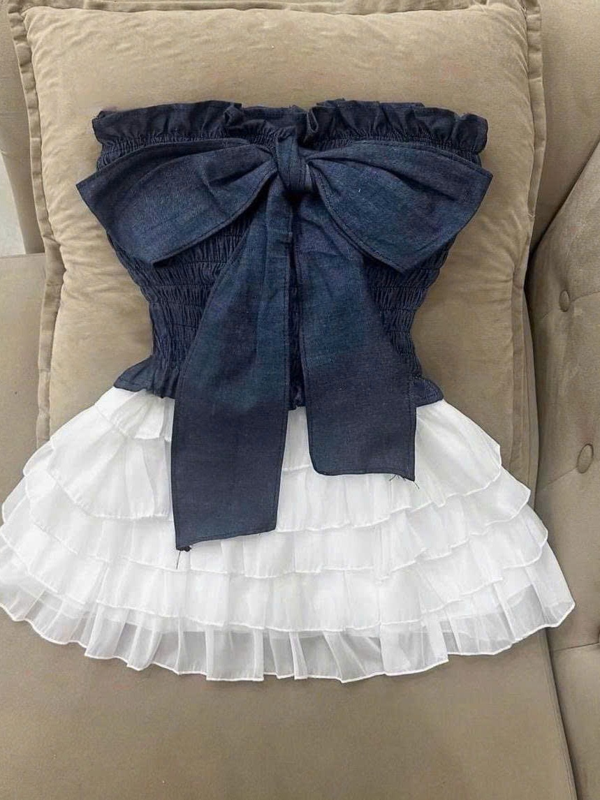 Kem Women Sét Đồ Nữ Váy Tầng Áo Cúp Kèm Nơ Lớn Xinh Xỉu Thiết Kế Nữ Tính Mút Tạo Độ Đầy Đặn Thân Sau Chạy Chỉ Thun Thoải