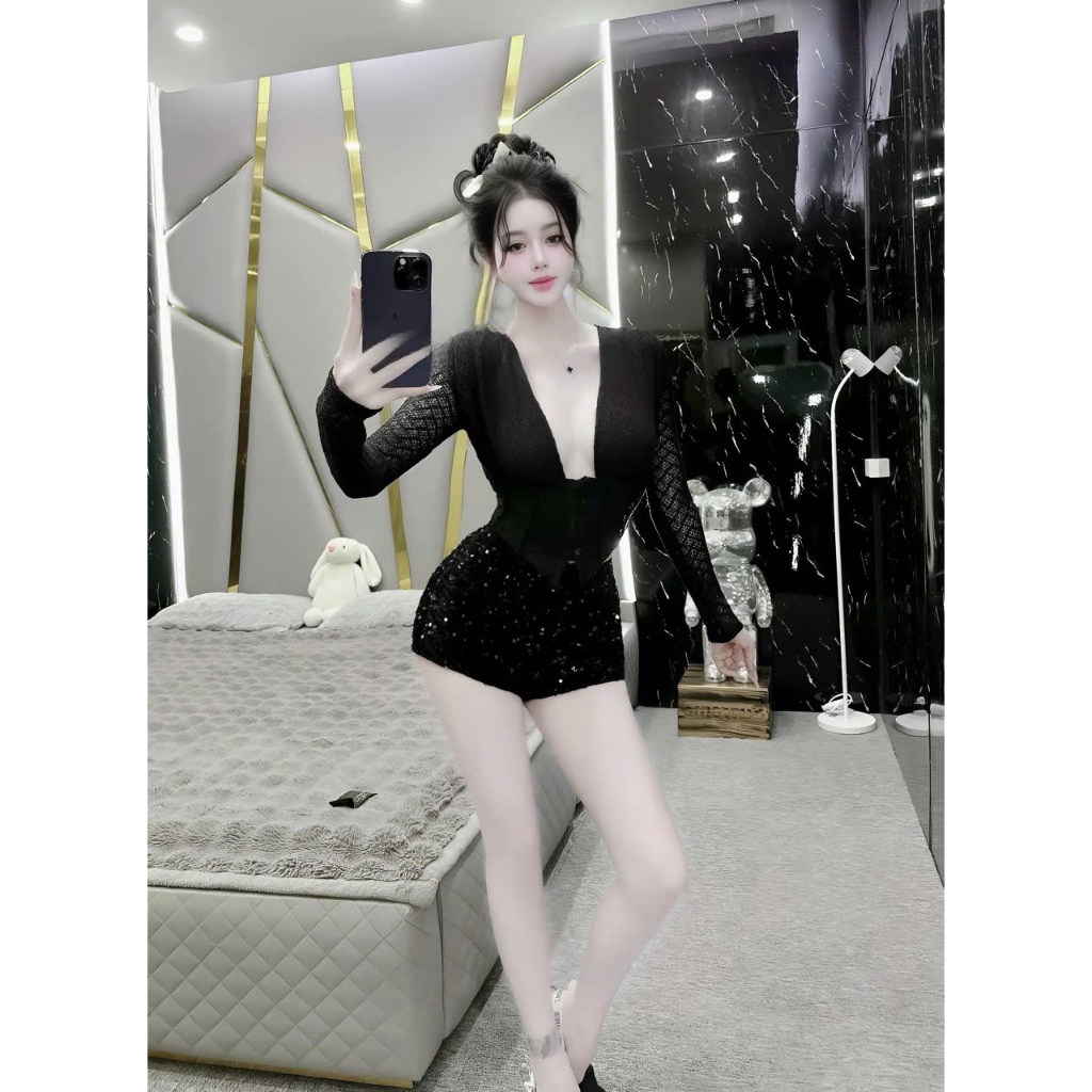 Sét váy kim sa ôm body áo ren tay dài cổ chữ V