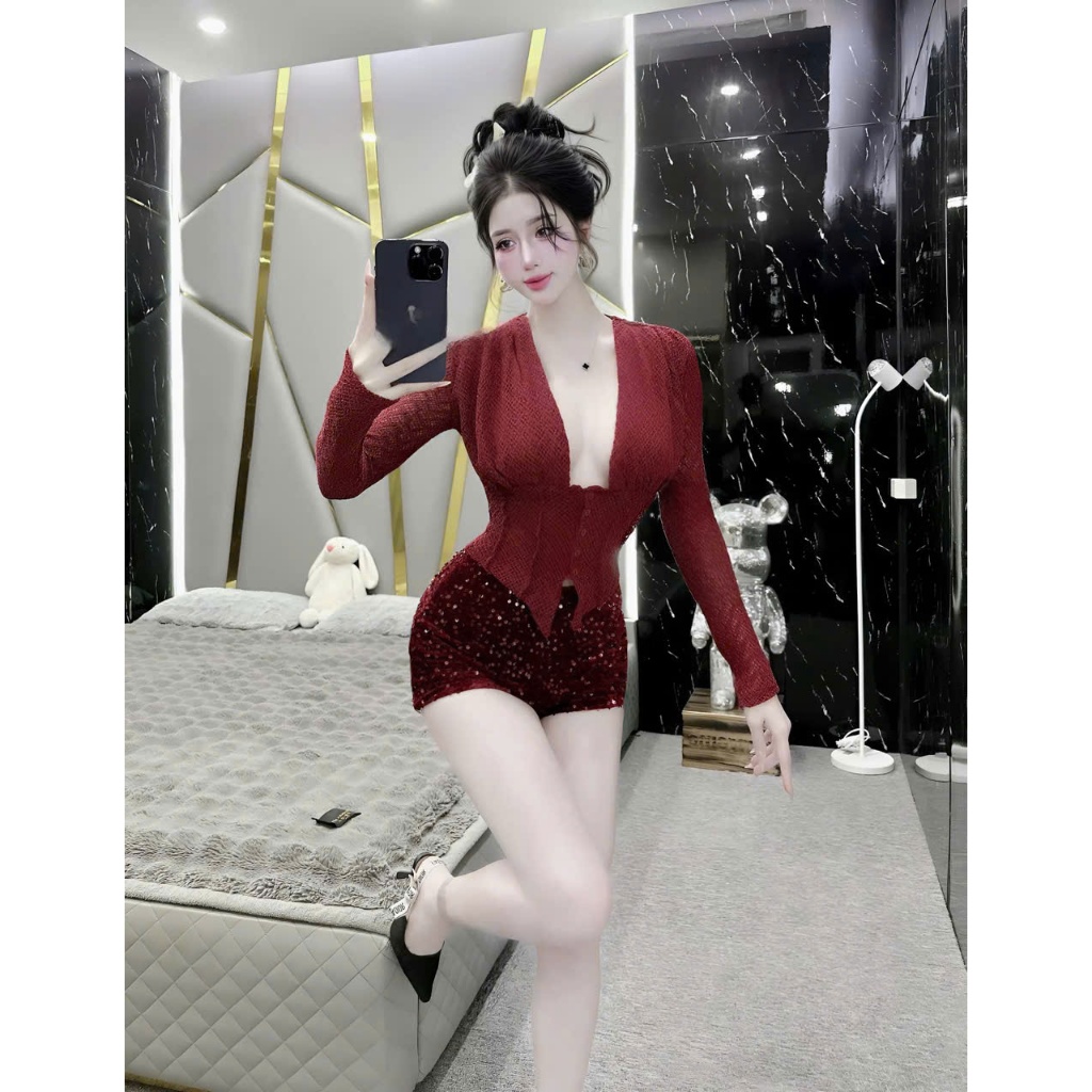Sét váy kim sa ôm body áo ren tay dài cổ chữ V