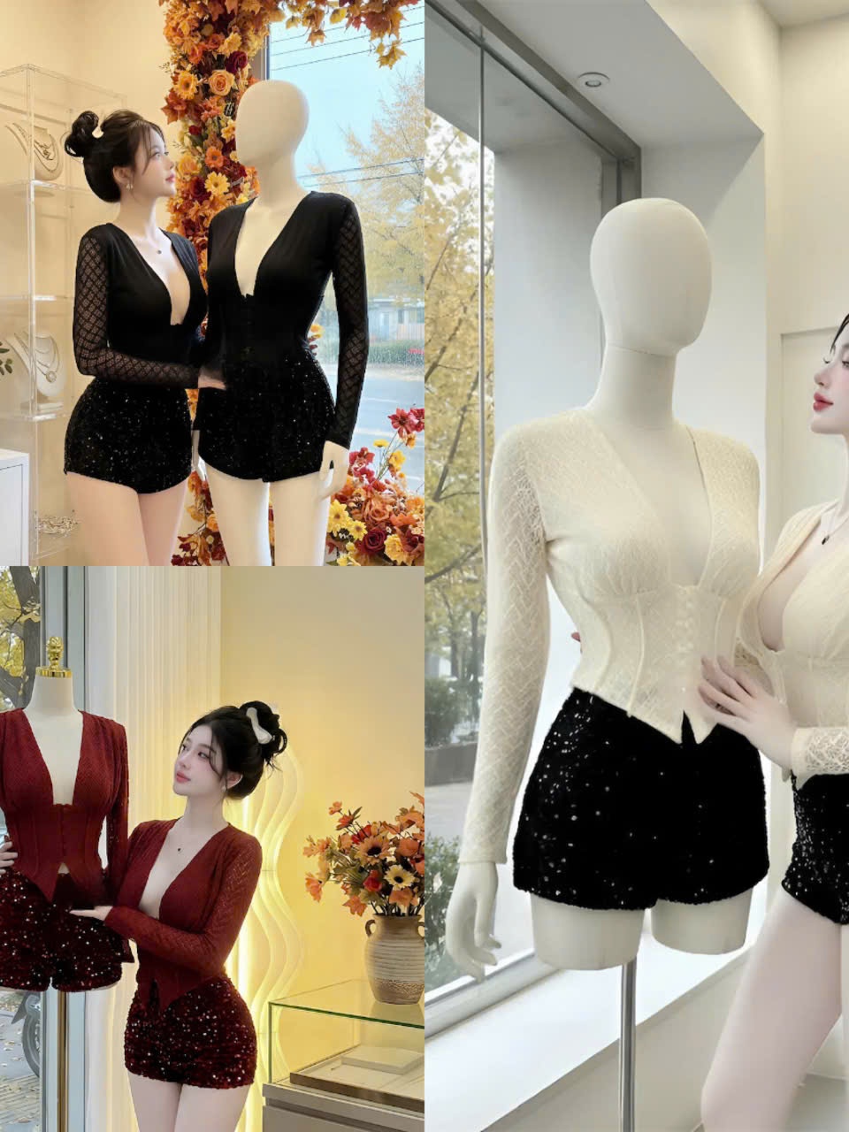 Sét váy kim sa ôm body áo ren tay dài cổ chữ V