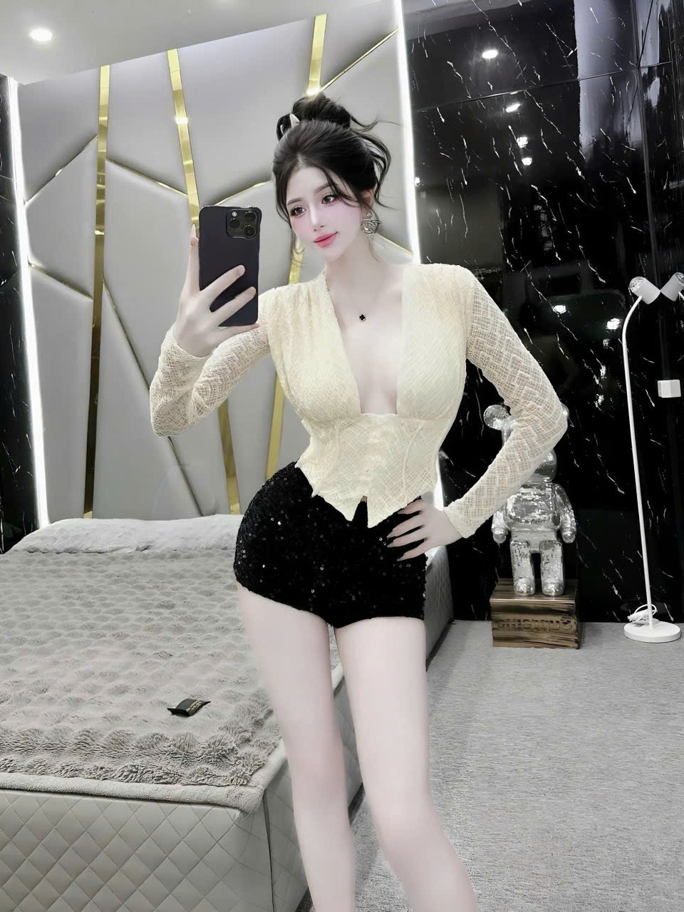 Sét váy kim sa ôm body áo ren tay dài cổ chữ V
