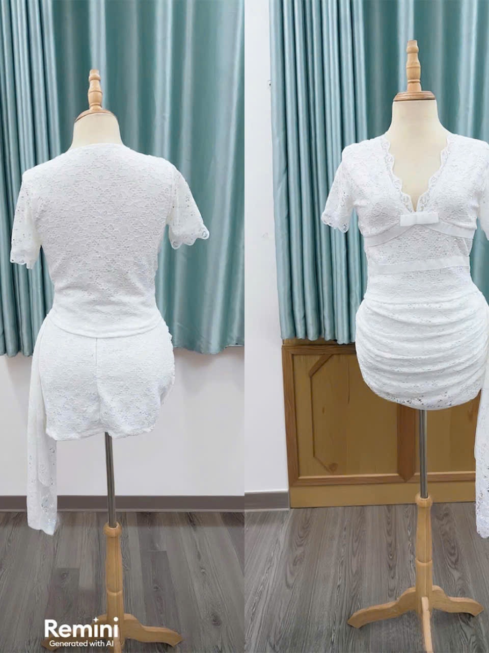 Sét bộ ren nữ thiết kế áo cổ chữ V đính nơ tay ngắn chân váy ôm body tà bèo chất liệu ren hoạ tiết hoa co giãn thoải mái