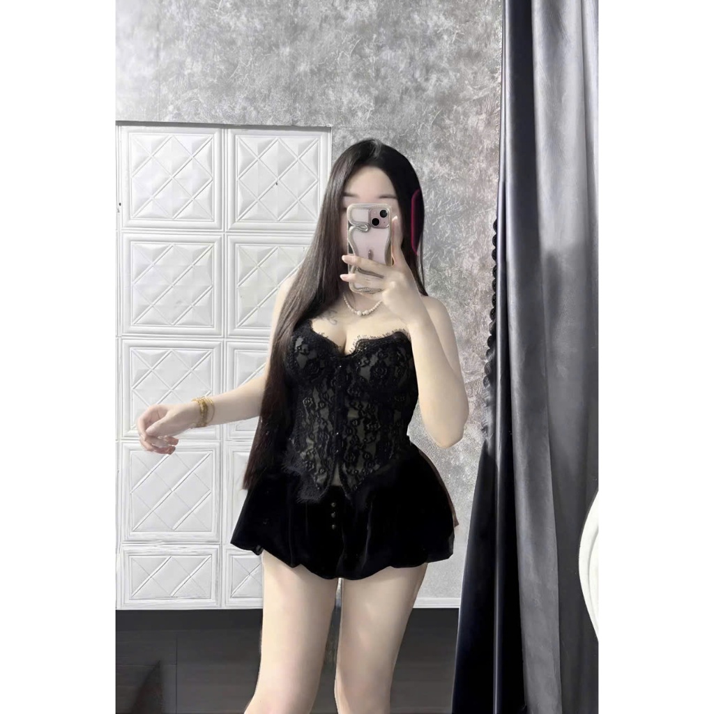 Sét đồ nữ hot trend áo bra cúp ren phối ren chỉ đính ngọc mix quần bí