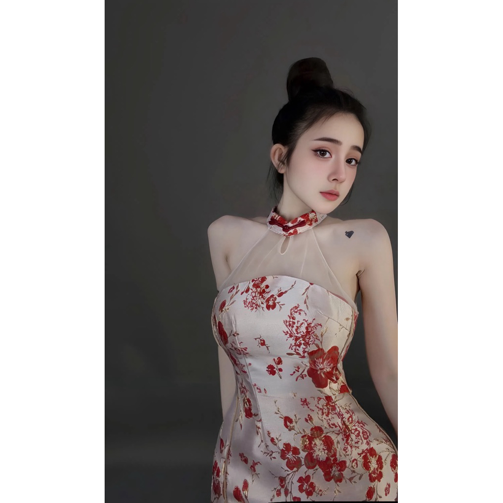 Đầm yếm gấm hoa nữ cao cấp, yếm sang chảnh đón Tết 2026