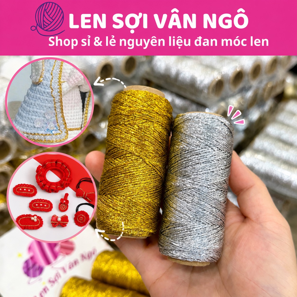 Sợi kim tuyến 1mm dùng để móc viền trang trí (cuộn 10gr ko tính lõi)