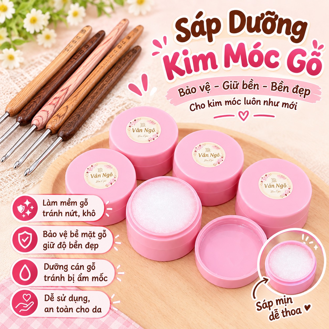 Sáp dưỡng kim móc cán gỗ (lọ 5gr)