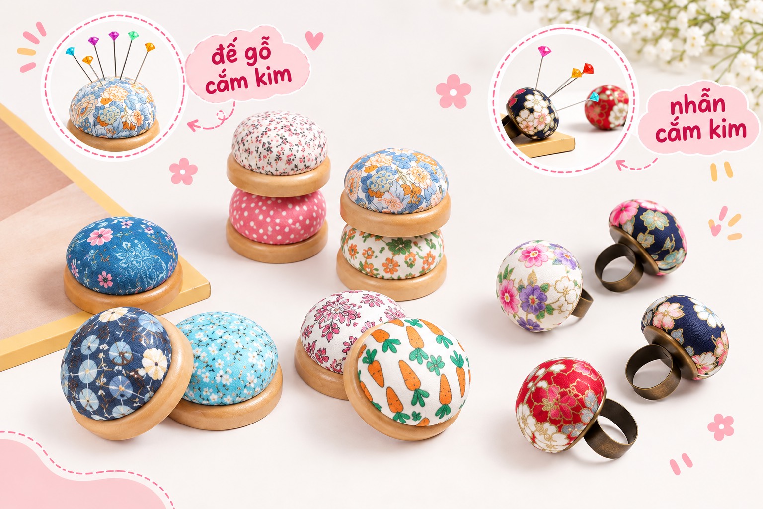 Đế gỗ / Nhẫn cắm kim (giao màu ngẫu nhiên)