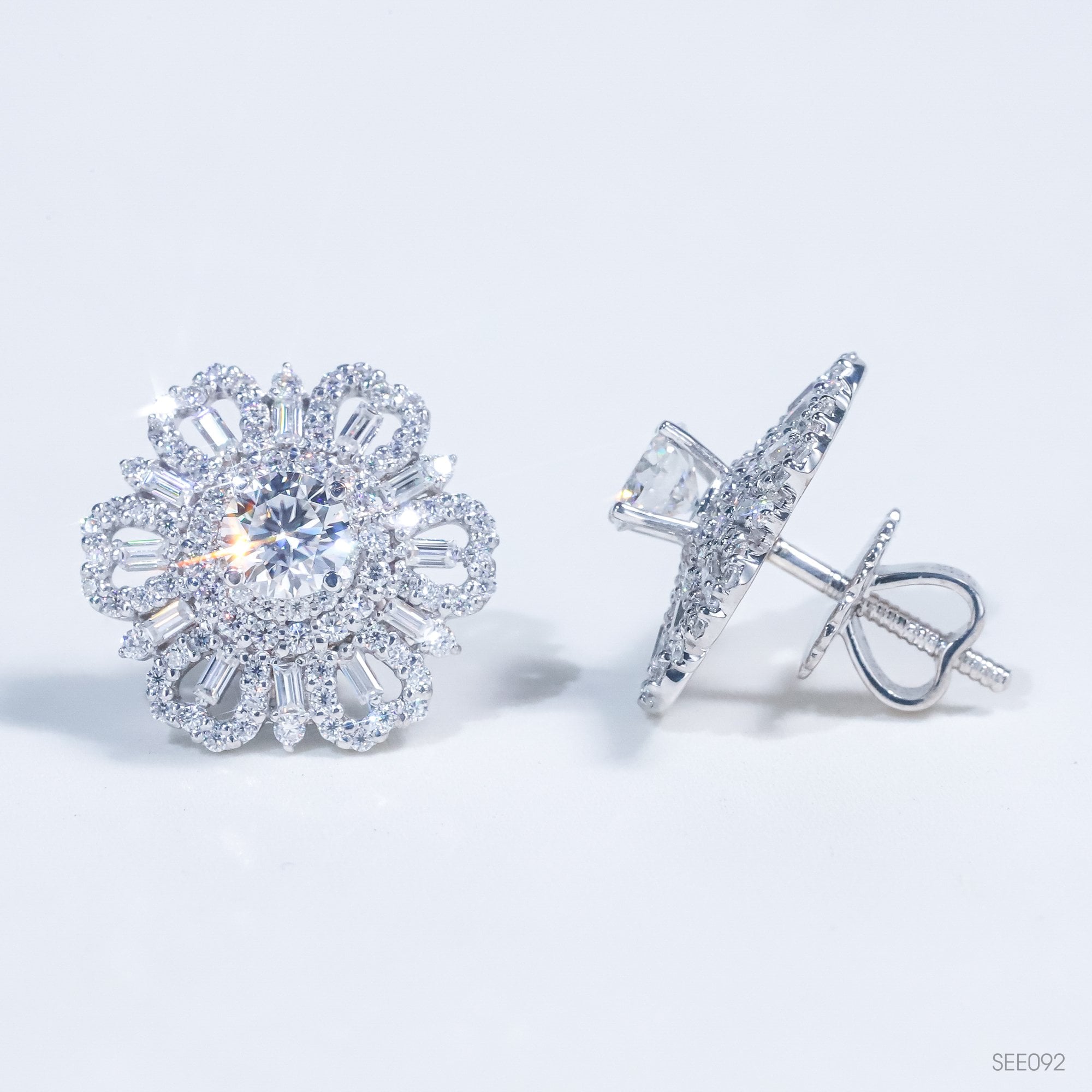 Bông tai Hoa đính baguette see092 ổ 5,0mm