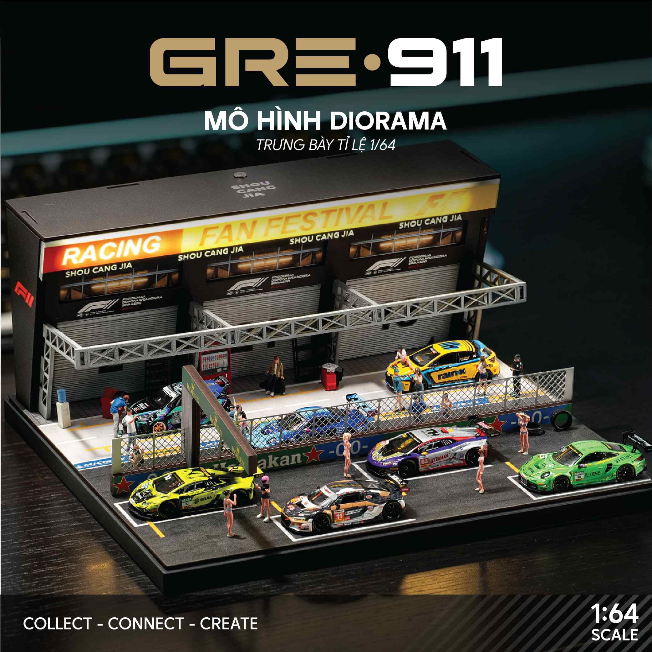 Mô Hình Trưng Bày Diorama 1:64 – Racing Pit Garage & Track Scene | GRE911LED-83P