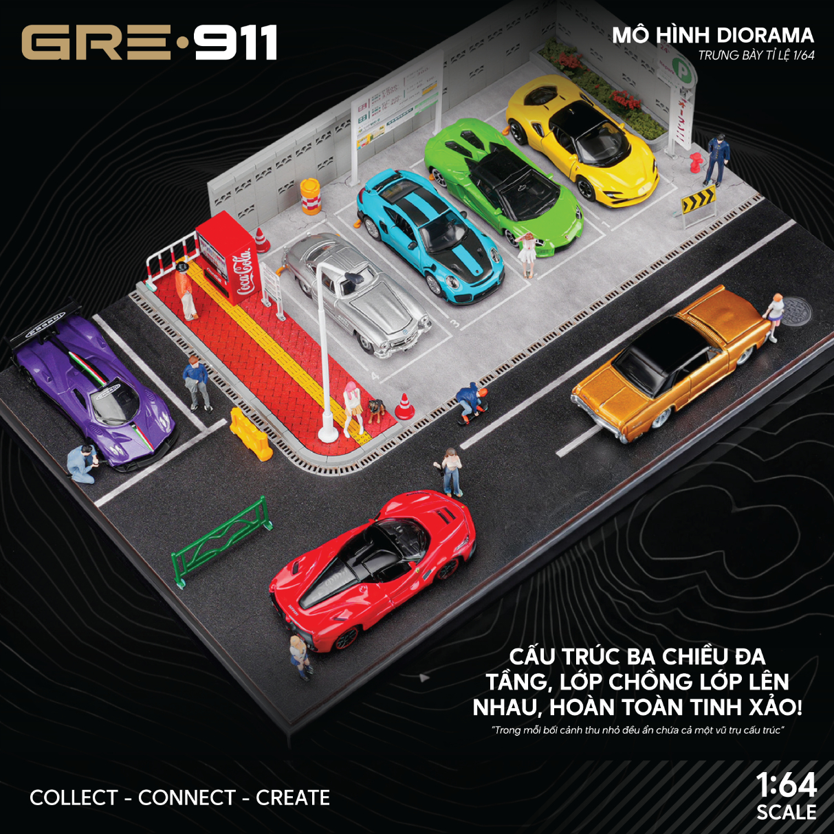 Mô hình Diorama Tỉ lệ 1:64 Bãi đỗ xe ngoài trời phong cách Japanese GRE911DIO-35 ( Có phụ kiện đi kèm )