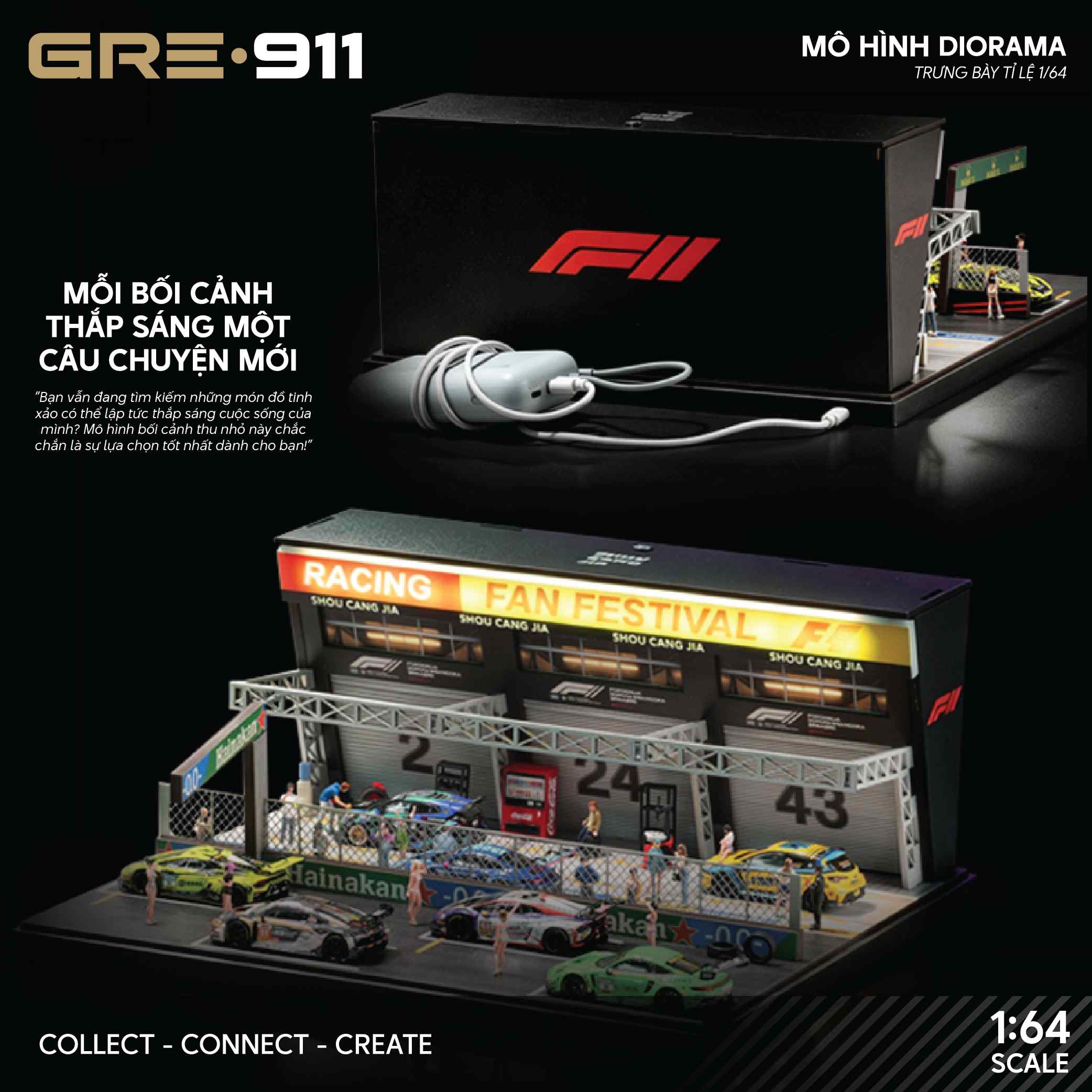 Mô Hình Trưng Bày Diorama 1:64 – Racing Pit Garage & Track Scene | GRE911LED-83P