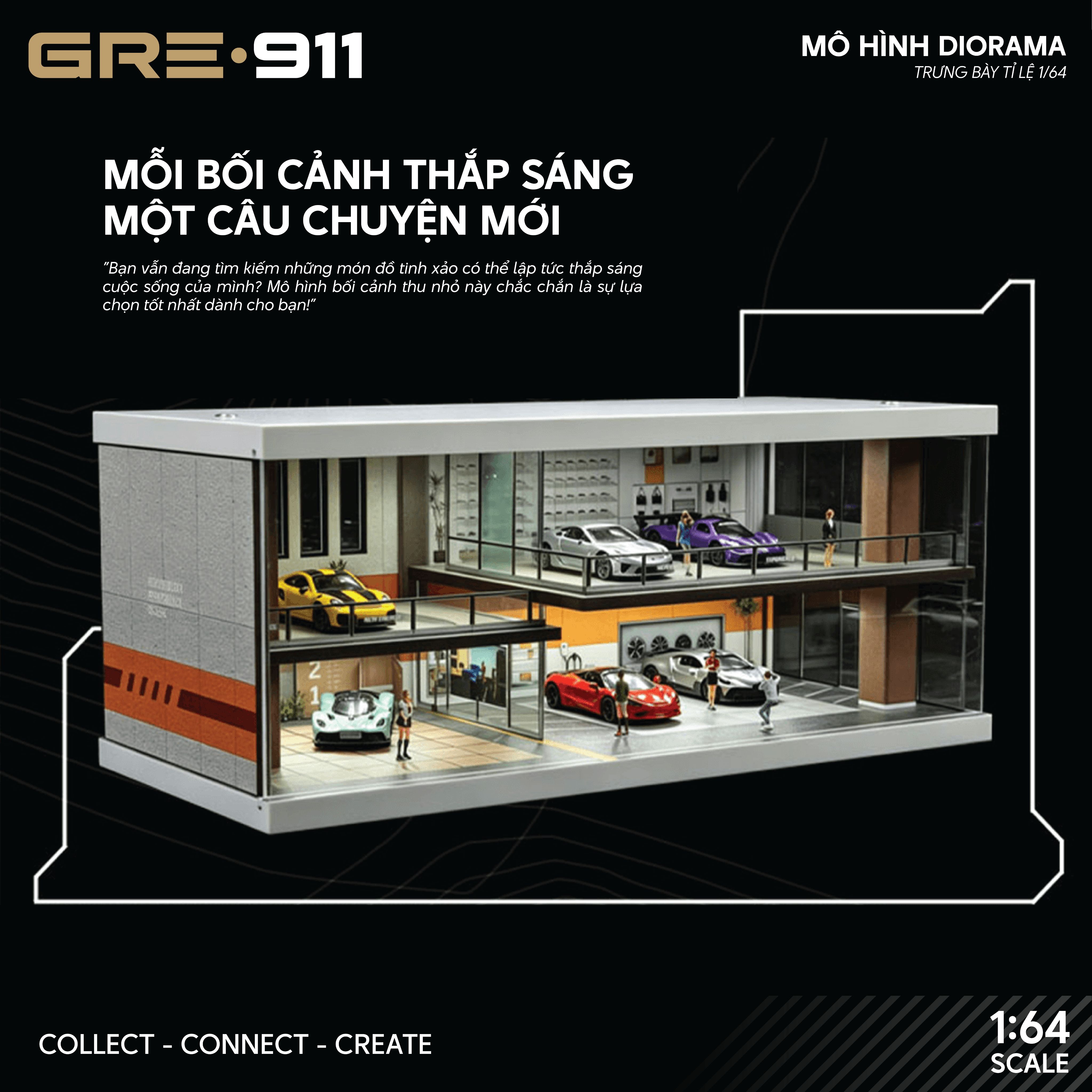 Mô hình Trưng Bày Diorama Light Brown Car House | Modern Garage Diorama 1:64 GRE911DIO-75