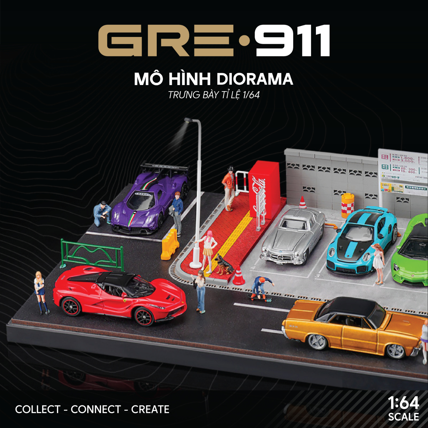 Mô hình Diorama Tỉ lệ 1:64 Bãi đỗ xe ngoài trời phong cách Japanese GRE911DIO-35 ( Có phụ kiện đi kèm )