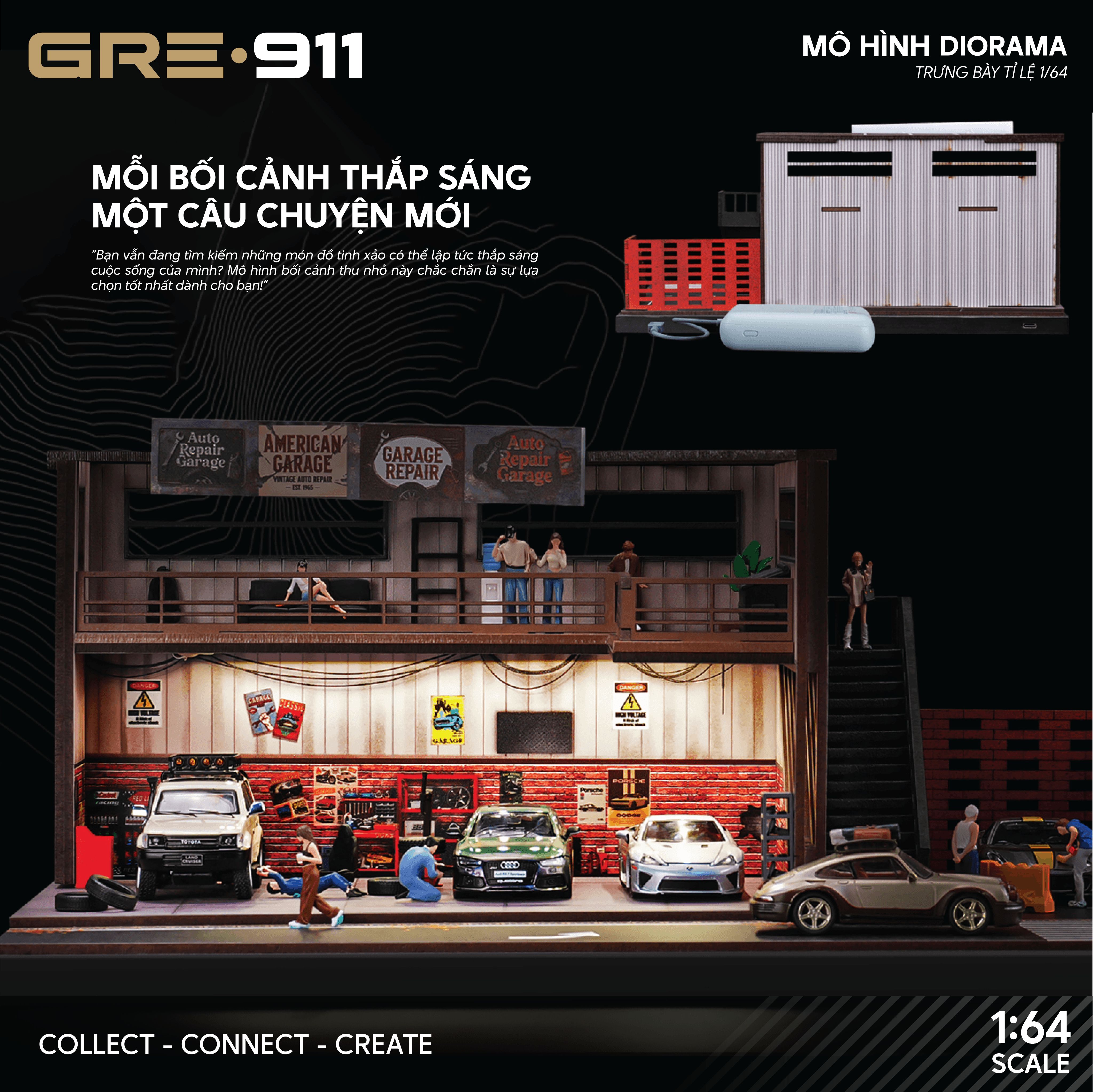 Mô hình garage sửa xe phong cách nhà kho Mỹ cổ điển