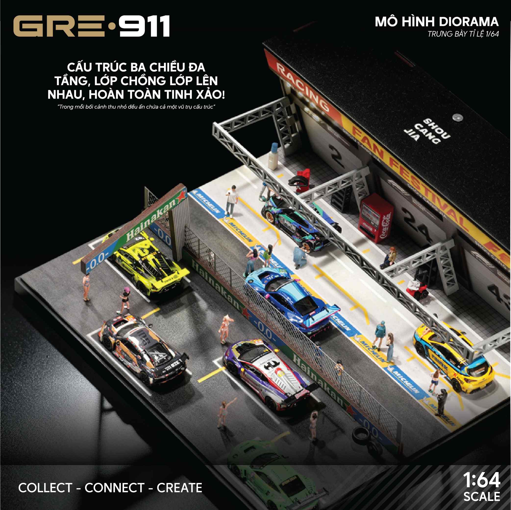 Mô Hình Trưng Bày Diorama 1:64 – Racing Pit Garage & Track Scene | GRE911LED-83P