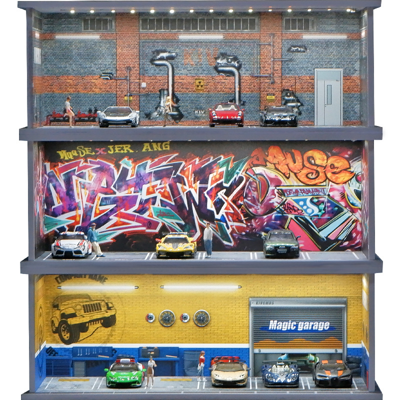Diorama 1:64 Bãi Đỗ Xe 6 Slot Set 4 Có Đèn LED - Mica Chống Bụi | GRE•911