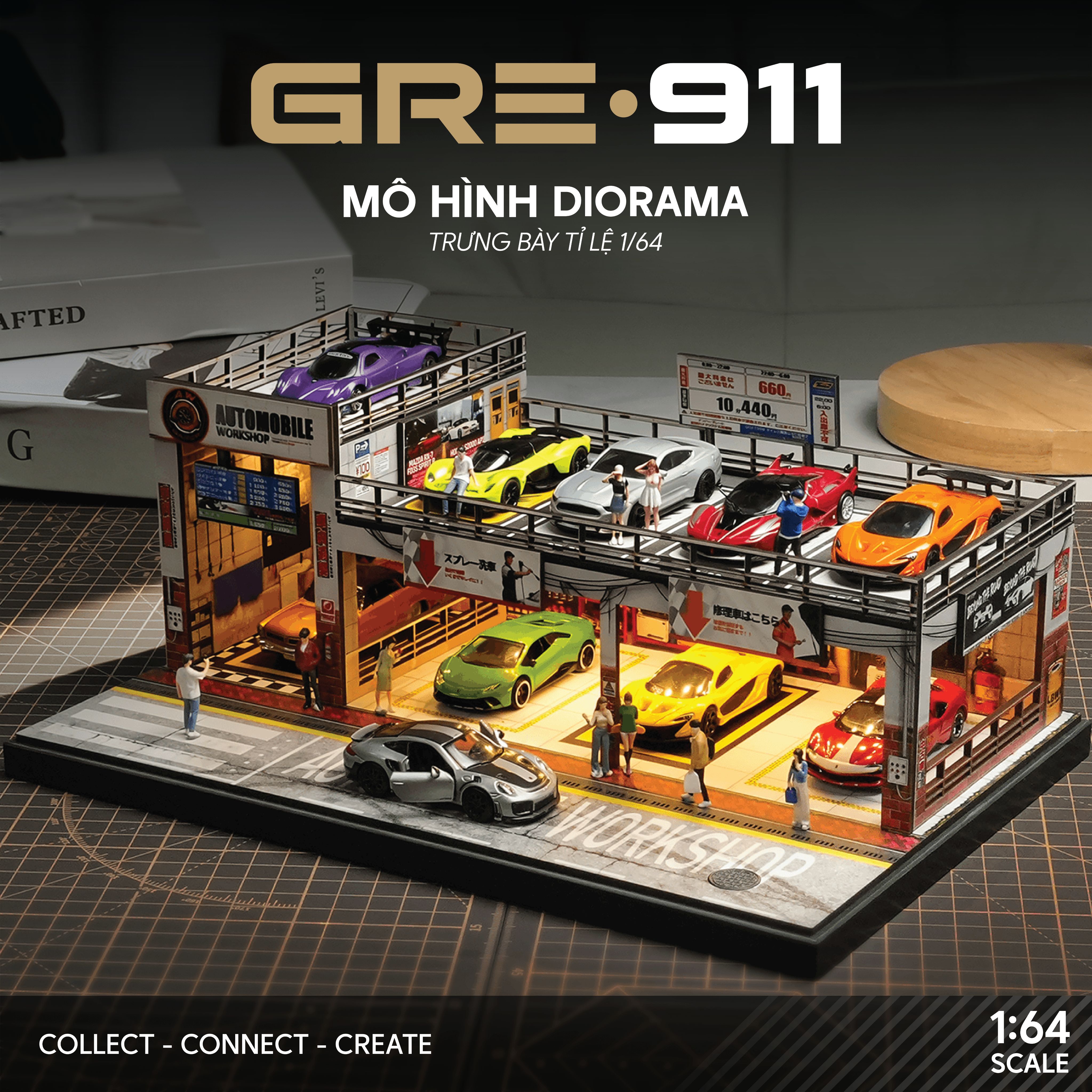 Diorama 1:64 Automobile Double-Level Parking Workshop (LED)