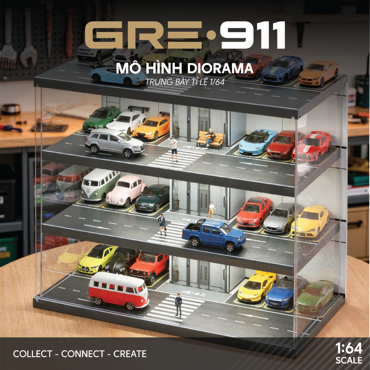 Mô hình Diorama 1:64 Bãi Đỗ Xe Hầm Thang Máy - Garage Nhiều Tầng Có Đèn LED GRE911LED-15B