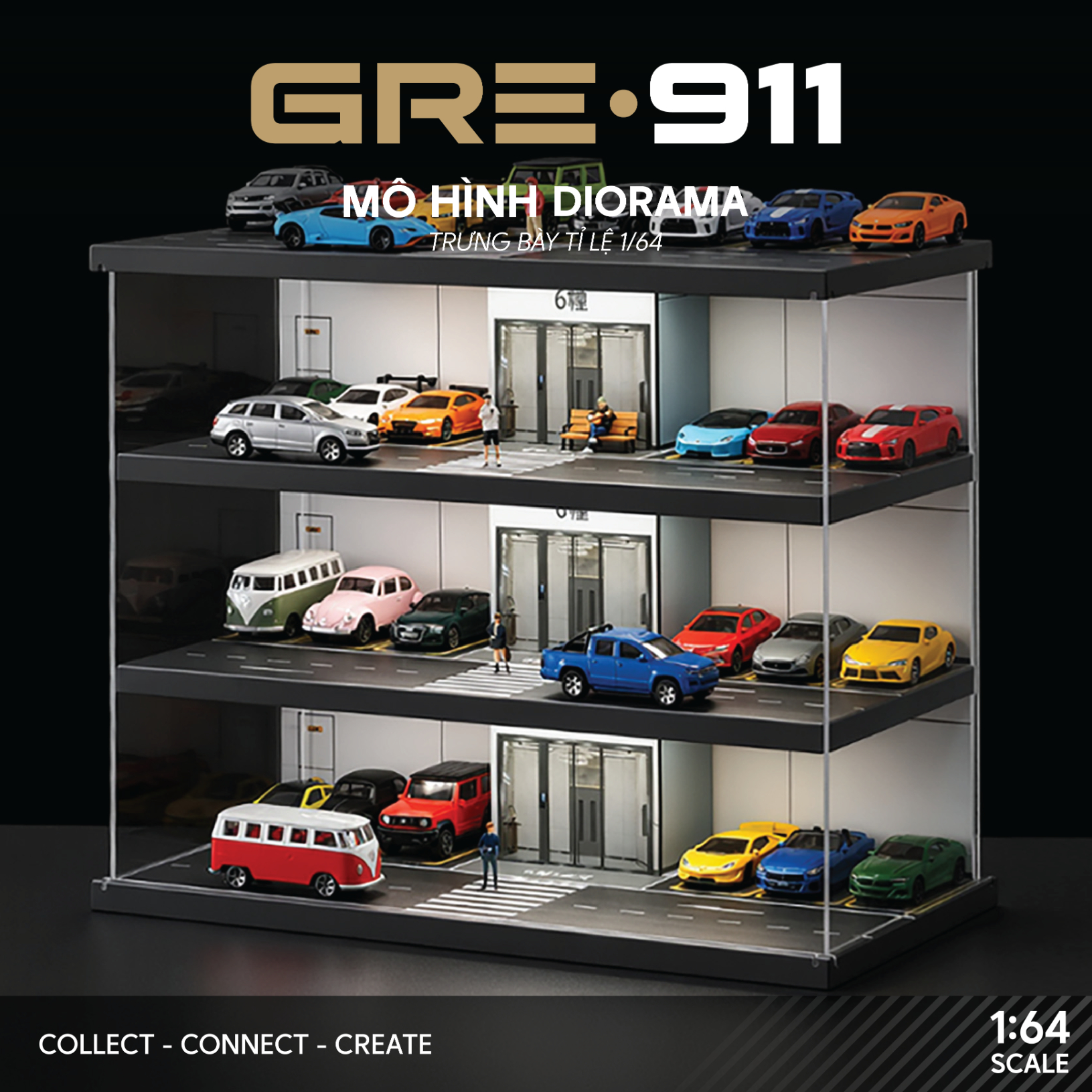 Mô hình Diorama 1:64 Bãi Đỗ Xe Hầm Thang Máy - Garage Nhiều Tầng Có Đèn LED GRE911LED-15B