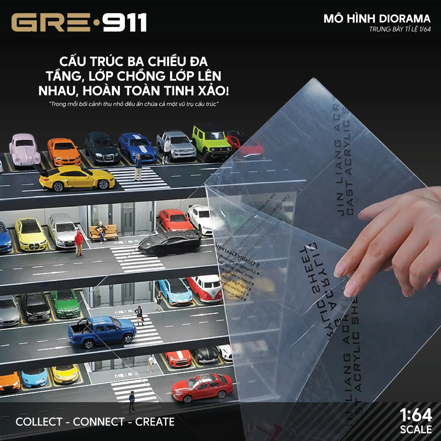 Mô hình Diorama 1:64 Bãi Đỗ Xe Hầm Thang Máy - Garage Nhiều Tầng Có Đèn LED GRE911LED-15B