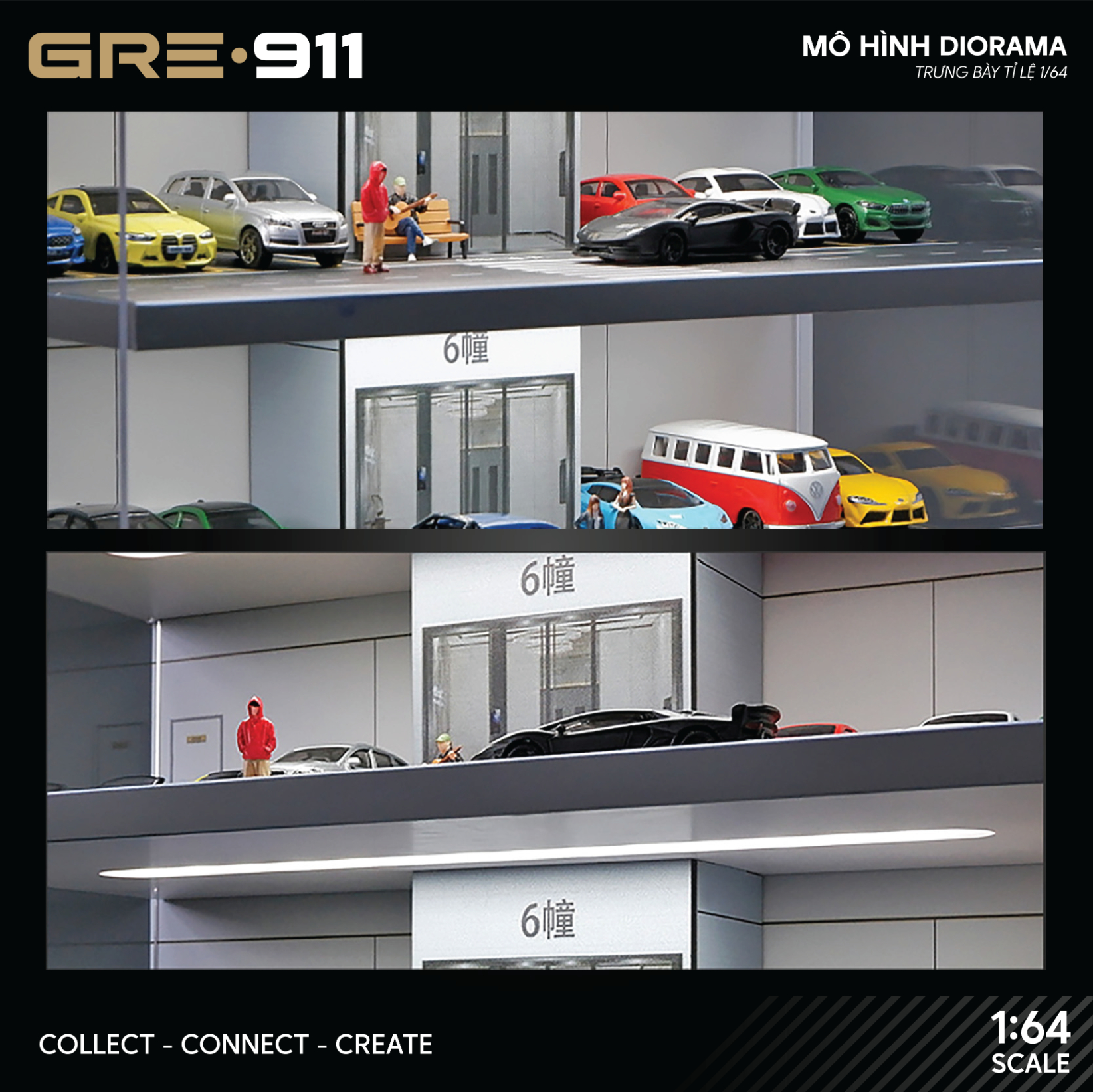 Mô hình Diorama 1:64 Bãi Đỗ Xe Hầm Thang Máy - Garage Nhiều Tầng Có Đèn LED GRE911LED-15B