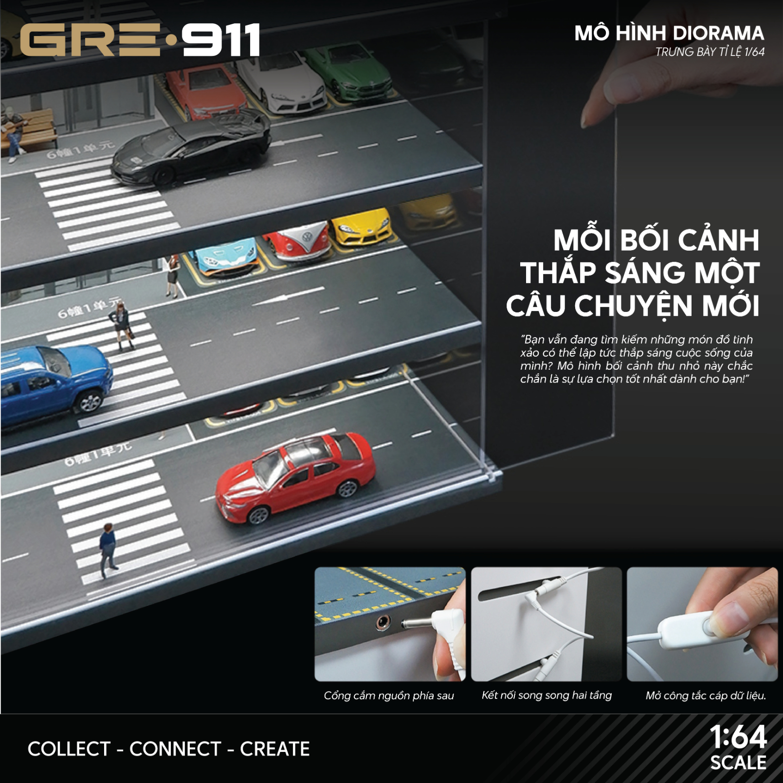 Mô hình Diorama 1:64 Bãi Đỗ Xe Hầm Thang Máy - Garage Nhiều Tầng Có Đèn LED GRE911LED-15B
