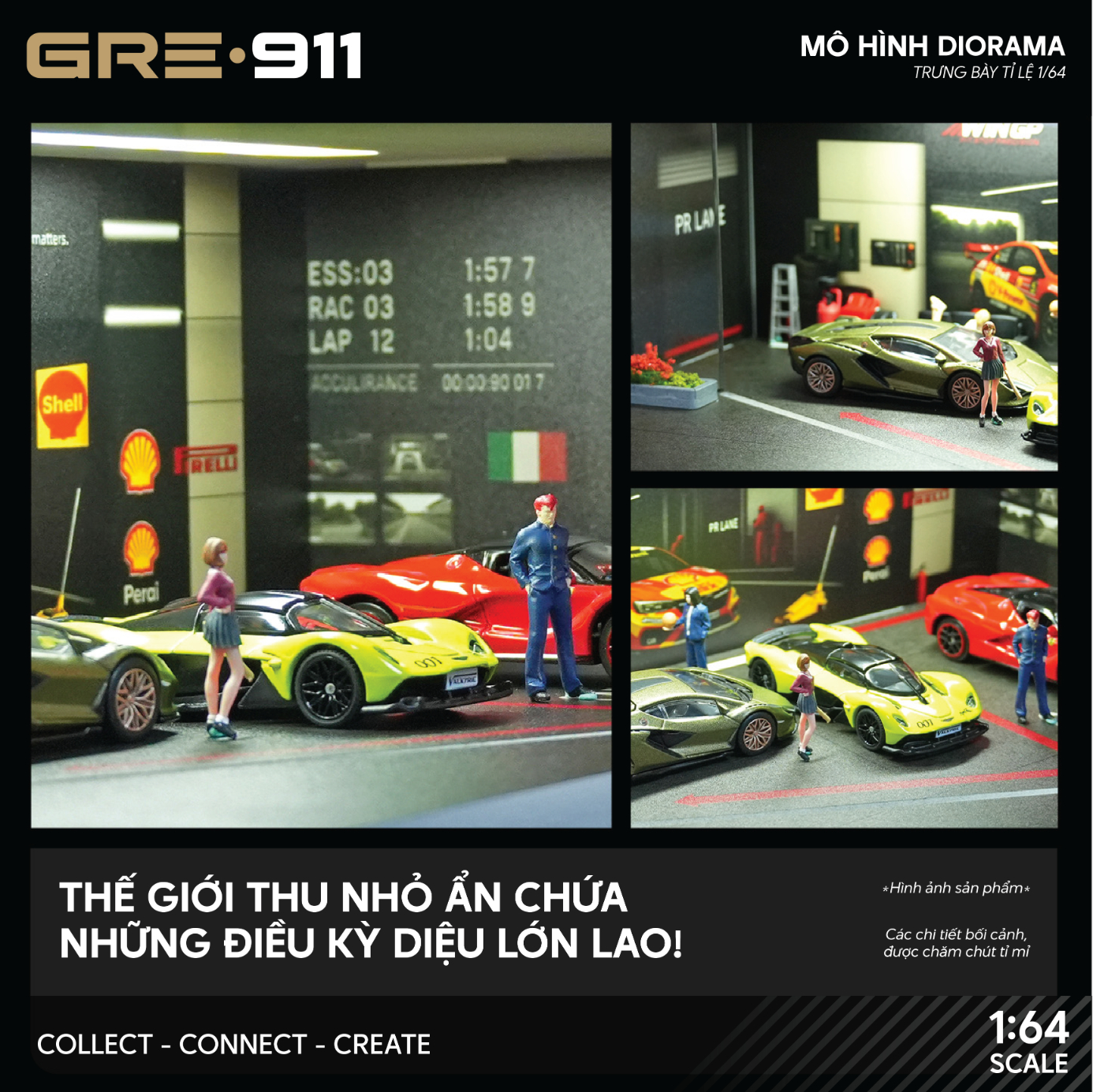 Mô hình Diorama 1:64 Garage Đường Đua Set 3 Có Đèn LED - Mica Chống Bụi GRE911LED-41