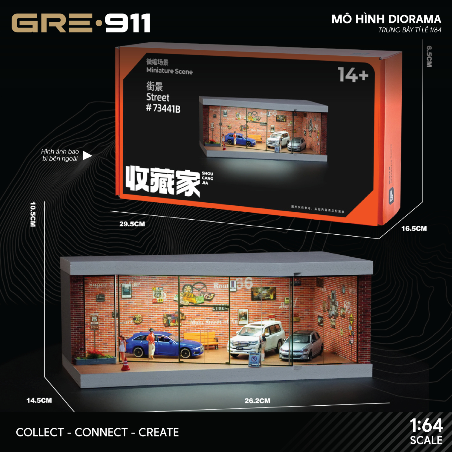 Mô hình Diorama 1:64 Garage Đường Đua Set 3 Có Đèn LED - Mica Chống Bụi GRE911LED-41