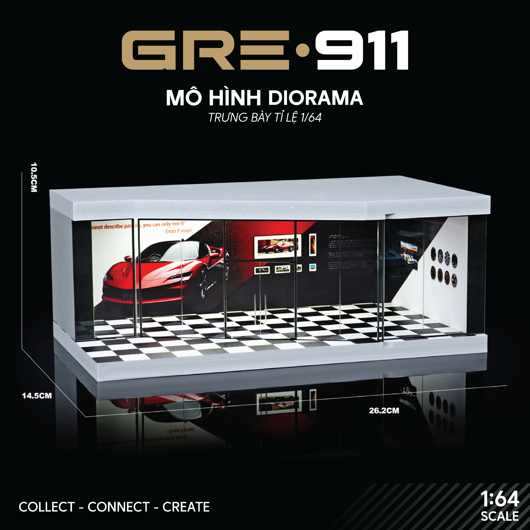Mô hình Diorama 1:64 Garage Đường Đua Set 3 Có Đèn LED - Mica Chống Bụi GRE911LED-41