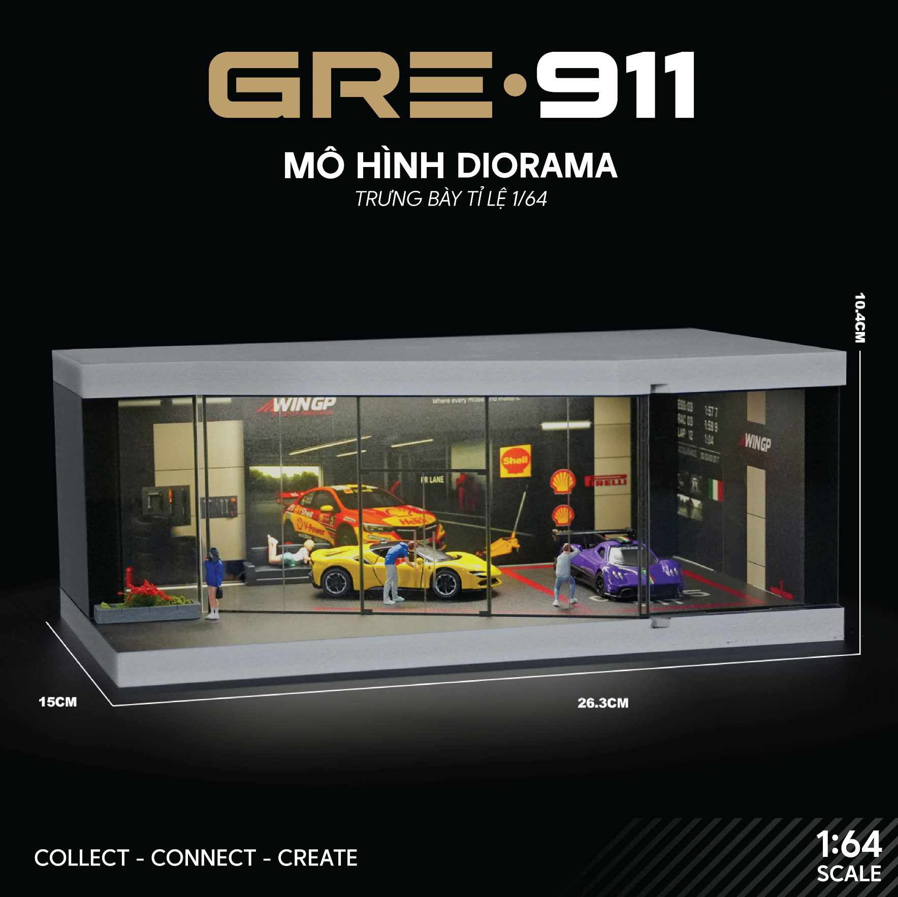 Mô hình Diorama 1:64 Garage Đường Đua Set 3 Có Đèn LED - Mica Chống Bụi GRE911LED-41