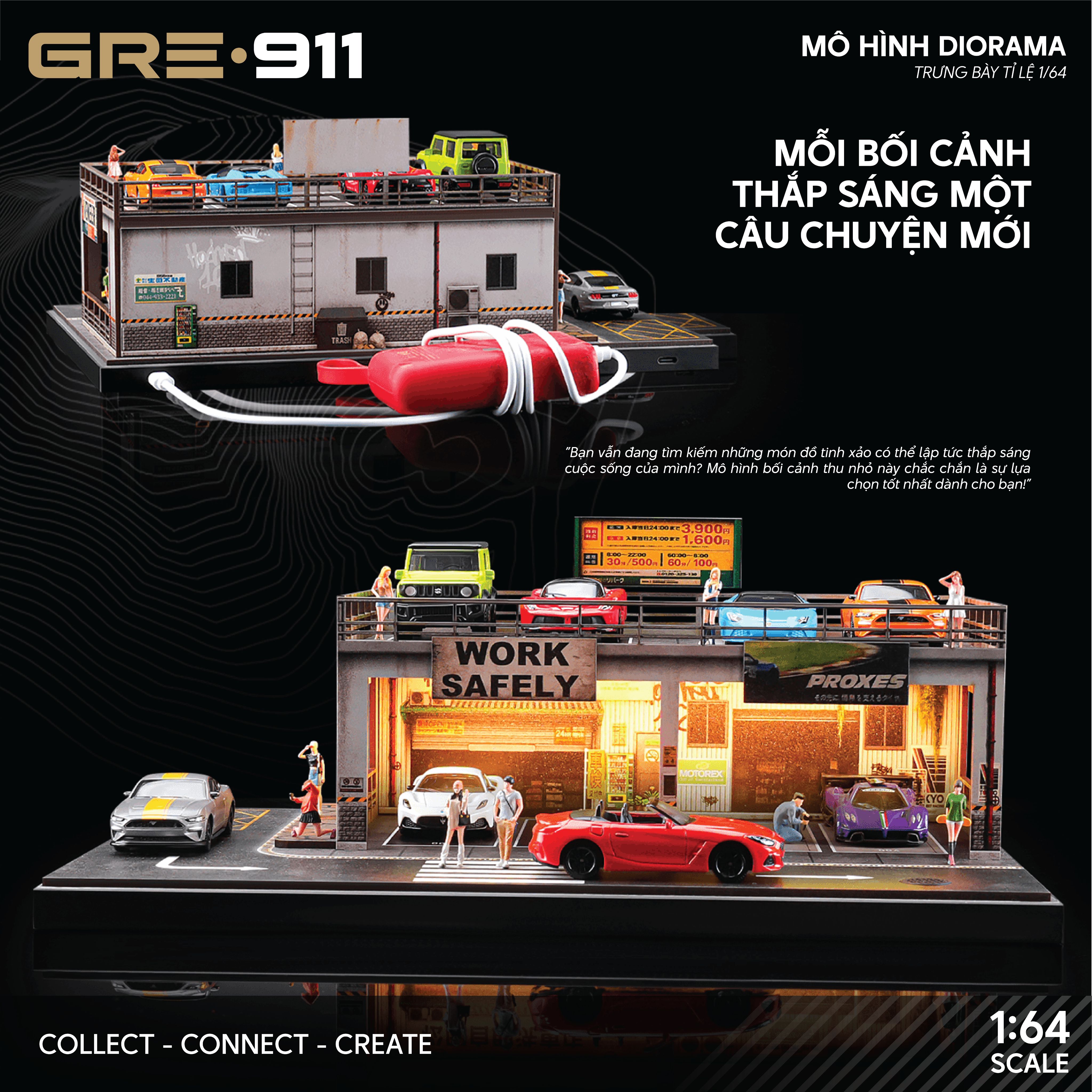 Mô hình Diorama Garage workshop 2 tầng tích hợp bãi đỗ xe GRE911LED-42