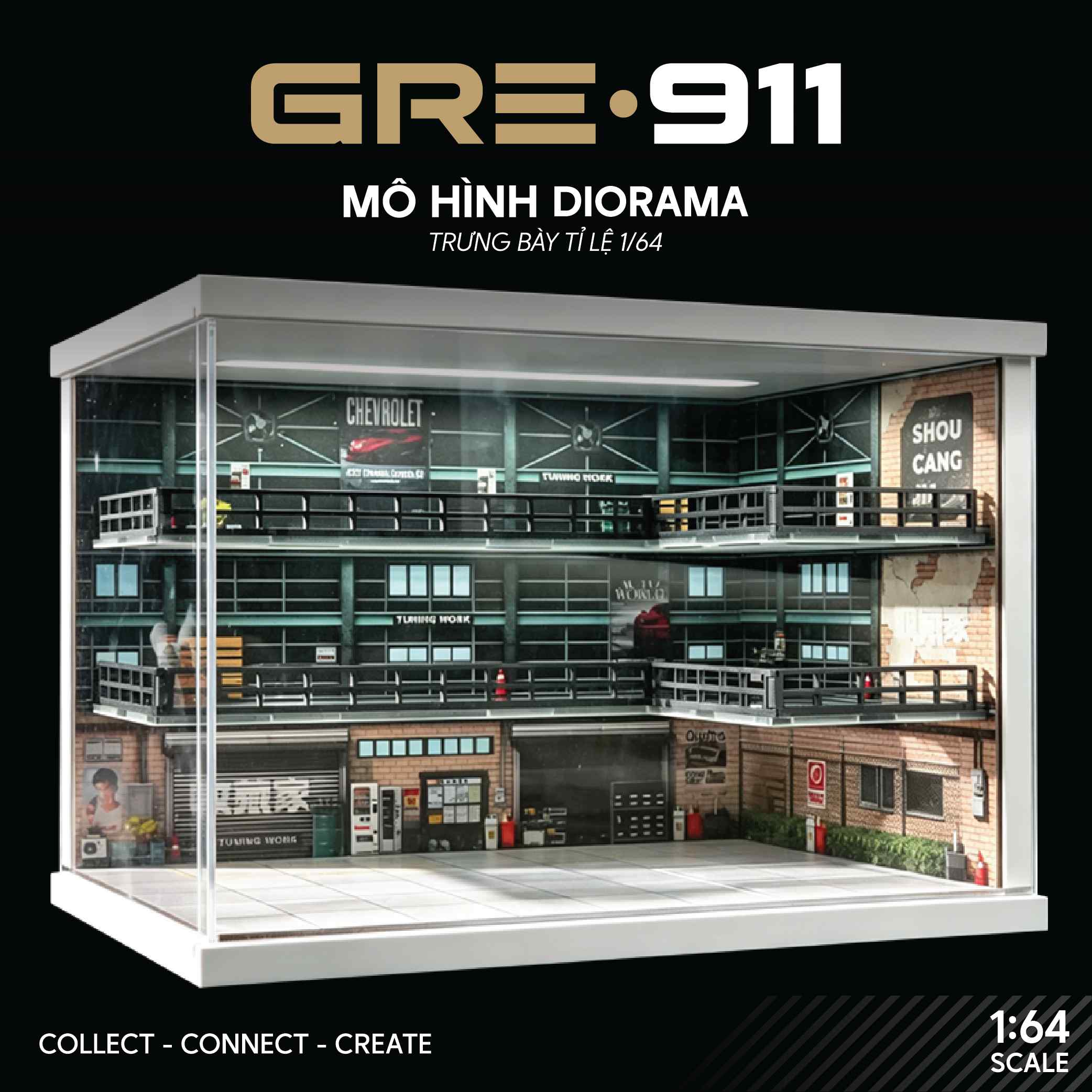 Mô Hình Trưng Bày Diorama Garage Công Nghiệp Retro 1:64 – SHOU CANG JIA | GRE911LED-76