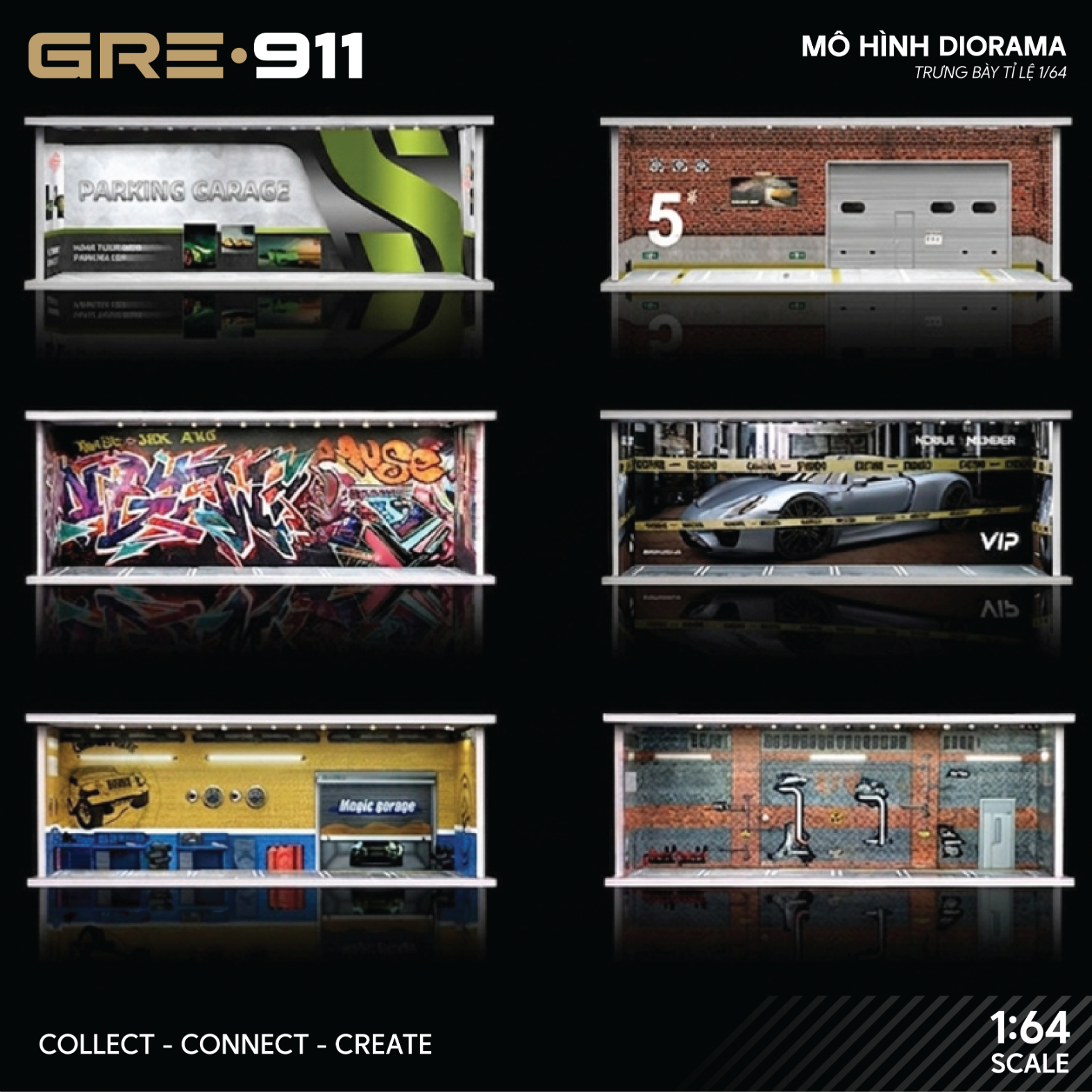 Diorama 1:64 Bãi Đỗ Xe 6 Slot Set 4 Có Đèn LED - Mica Chống Bụi GRE911LED-84