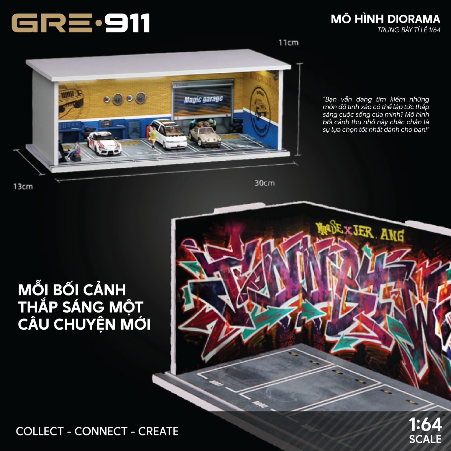 Diorama 1:64 Bãi Đỗ Xe 6 Slot Set 4 Có Đèn LED - Mica Chống Bụi GRE911LED-84