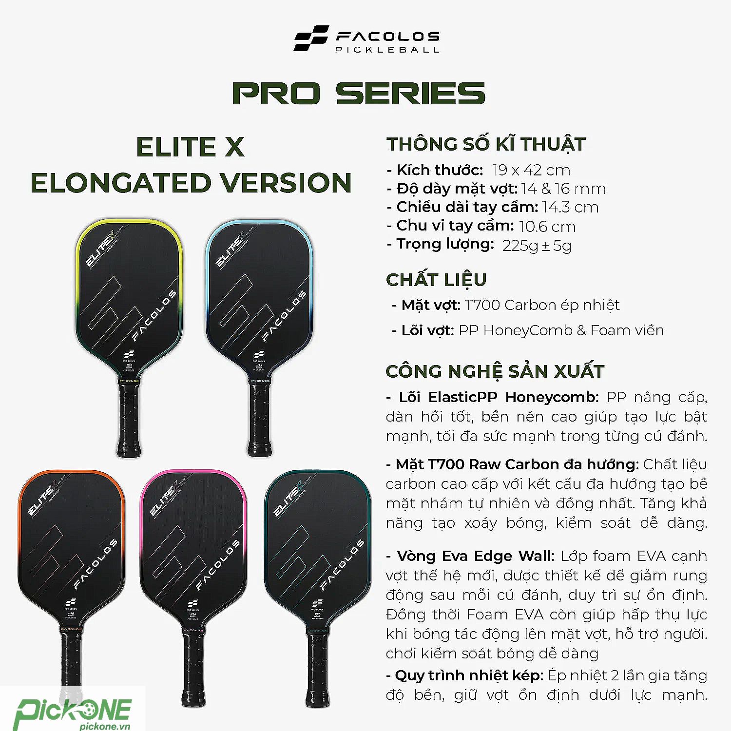 Vợt Pickleball Facolos Elite X Elongated 16mm