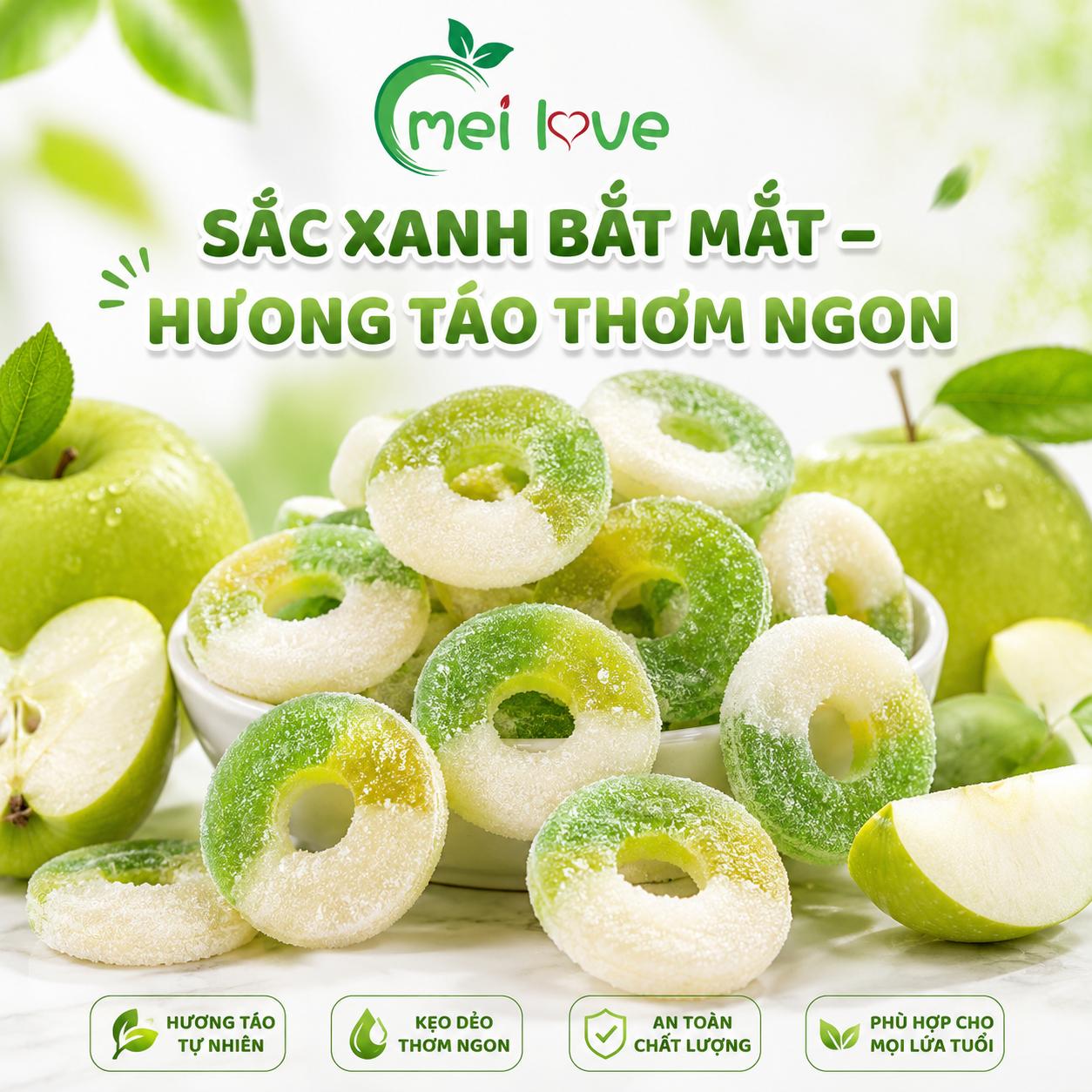 Kẹo Dẻo Vị Táo Vòng Tròn, Dẻo Dai, Hương Táo Thơm Mát, Kẹo Ăn Vặt Hình Vòng Tròn Cho Bé & Gia Đình