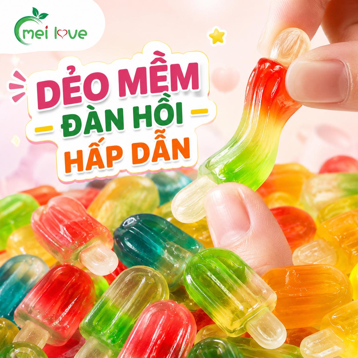 Kẹo Dẻo Cây Kem Hương Trái Cây, Dẻo Mềm, Nhiều Màu Sắc, Kẹo Ăn Vặt Cho Bé & Gia Đình