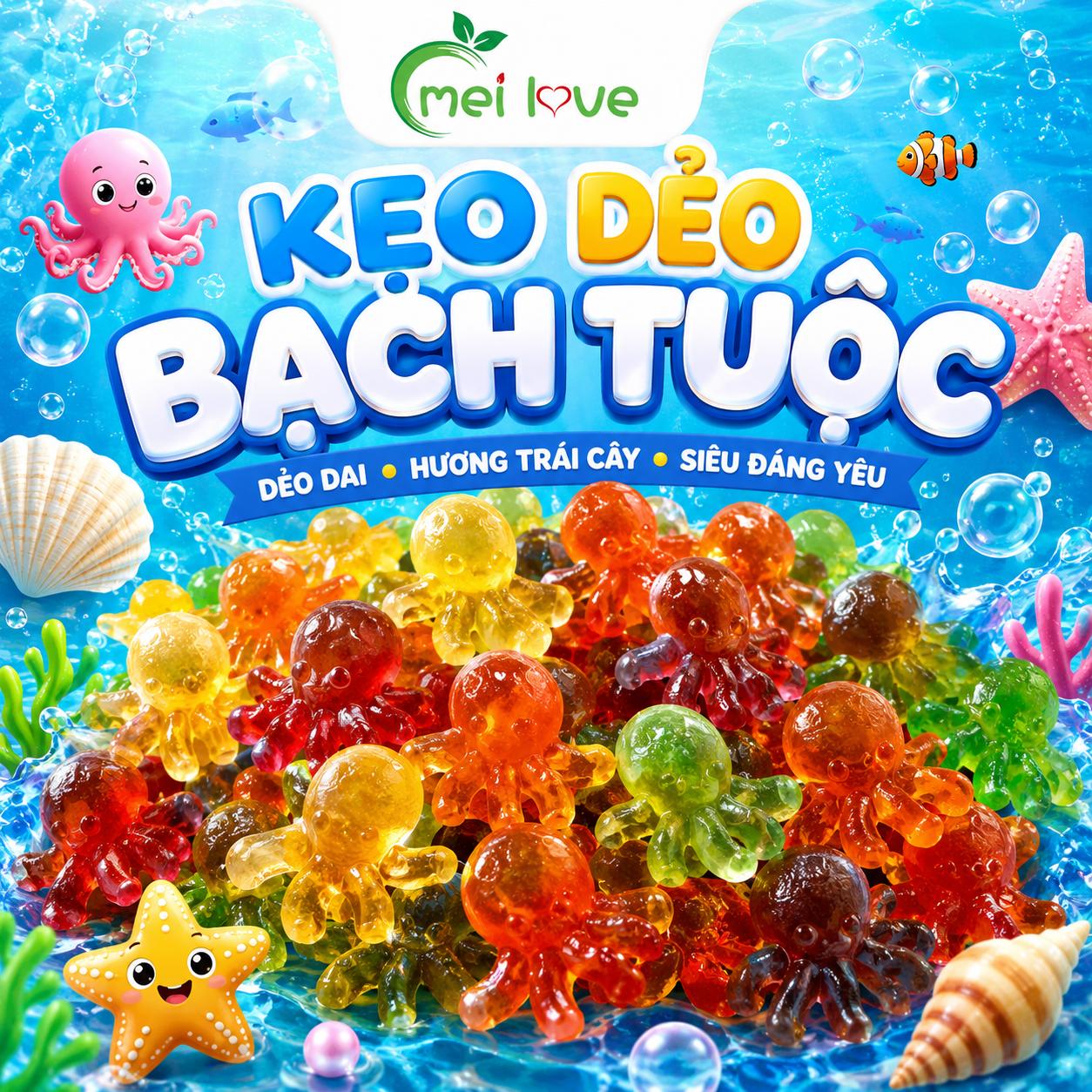 Kẹo Dẻo Bạch Tuộc Hương Trái Cây, Dẻo Dai, Tạo Hình Bạch Tuộc Đáng Yêu, Kẹo Ăn Vặt Cho Bé & Gia Đình