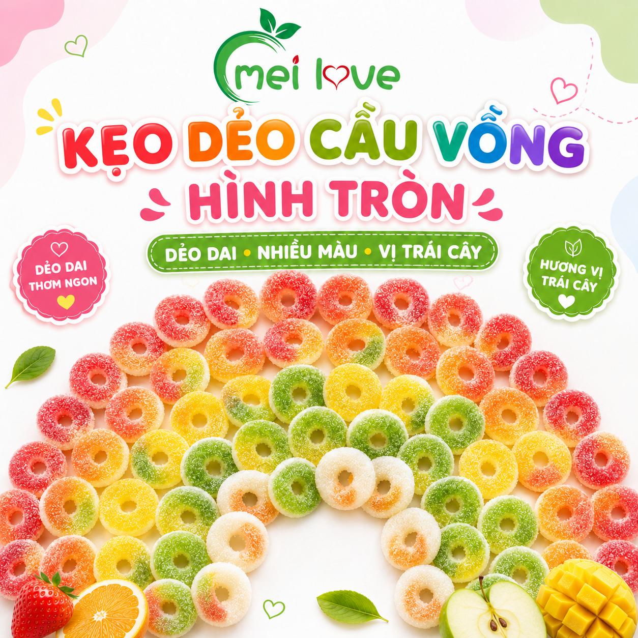 Kẹo Dẻo Cầu Vồng Hình Tròn Hương Trái Cây, Dẻo Dai, Nhiều Màu Sắc, Kẹo Ăn Vặt Cho Bé & Gia Đình