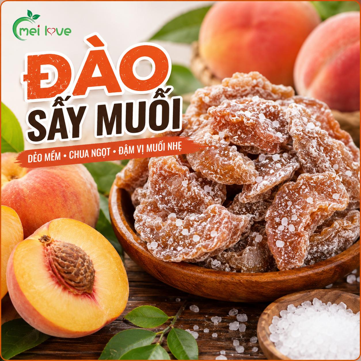 Đào Sấy Muối Cao Cấp, Dẻo Mềm, Chua Ngọt Hài Hòa, Muối Phủ Nhẹ, Trái Cây Sấy Ăn Vặt